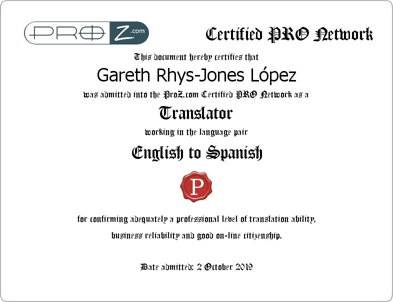 El fundador de RJ Languages, Gareth Rhys-Jones, traductor certificado ProZ
